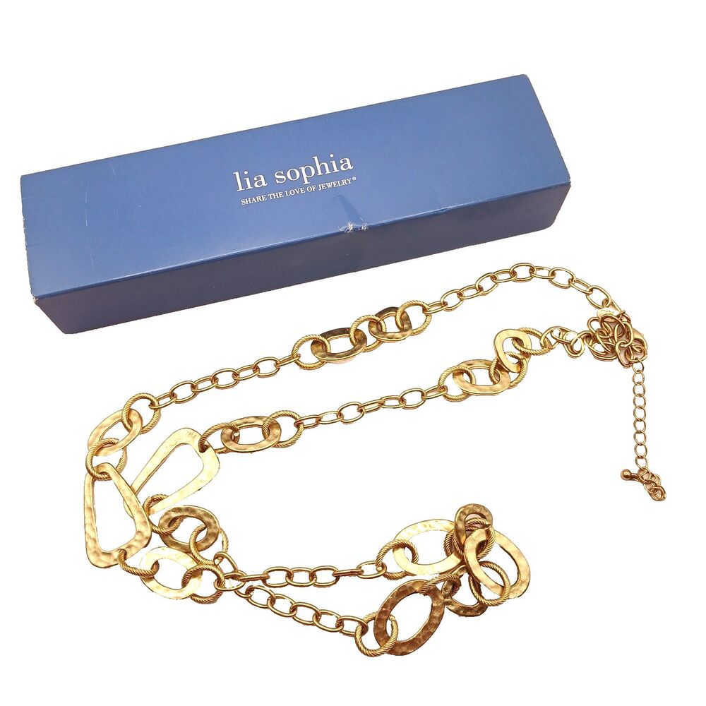 Lia Sophia Necklace Textured Brushed Gold Tone Hammered Metal Chunky 38" w/ Box